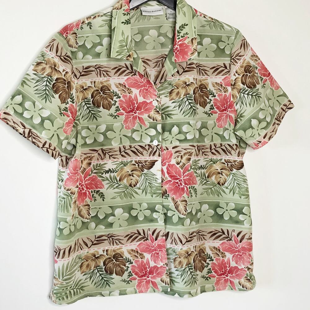 Alfred Dunner 14 Top Button Front Tropical Print Short Sleeve Pink Green